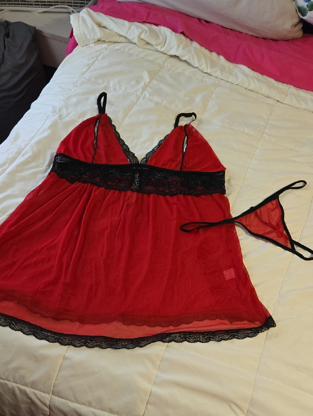 Red Lace-Trim Babydoll Chemise with Matching Thong